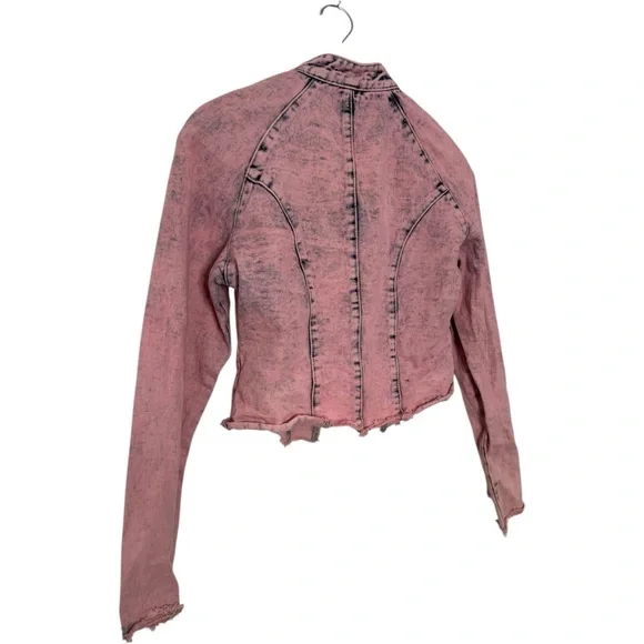 Stylish Pink Distressed Jean Jacket - Picture 5 of 6